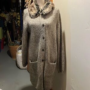 JJill long brown tweed sweater, size small. Fur collar